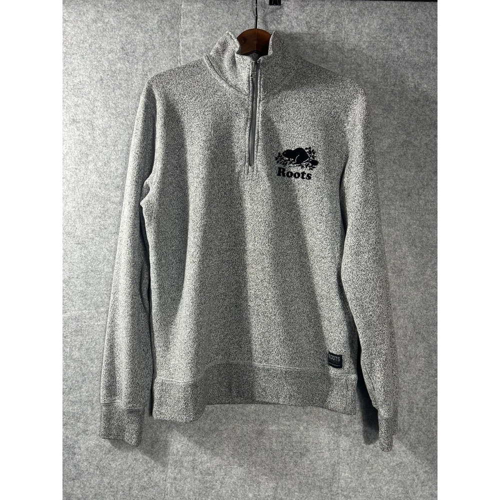 Roots Canada Salt & Pepper 1/4 Zip Sweatshirt Gray Beaver Logo Small 1990s Y2K